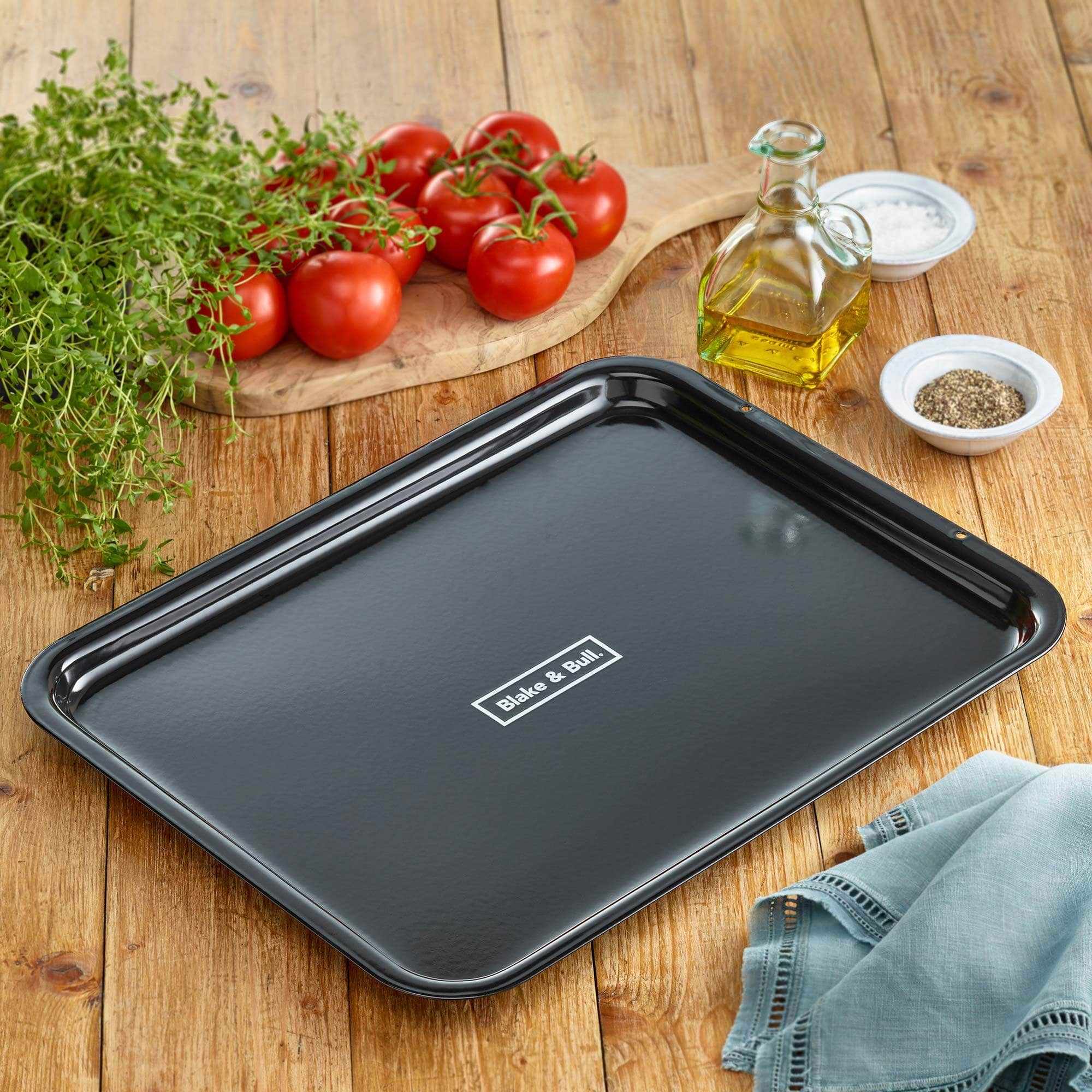 'Fits on runners' black enamelled baking tray for use with Aga range cookers 'full oven' size