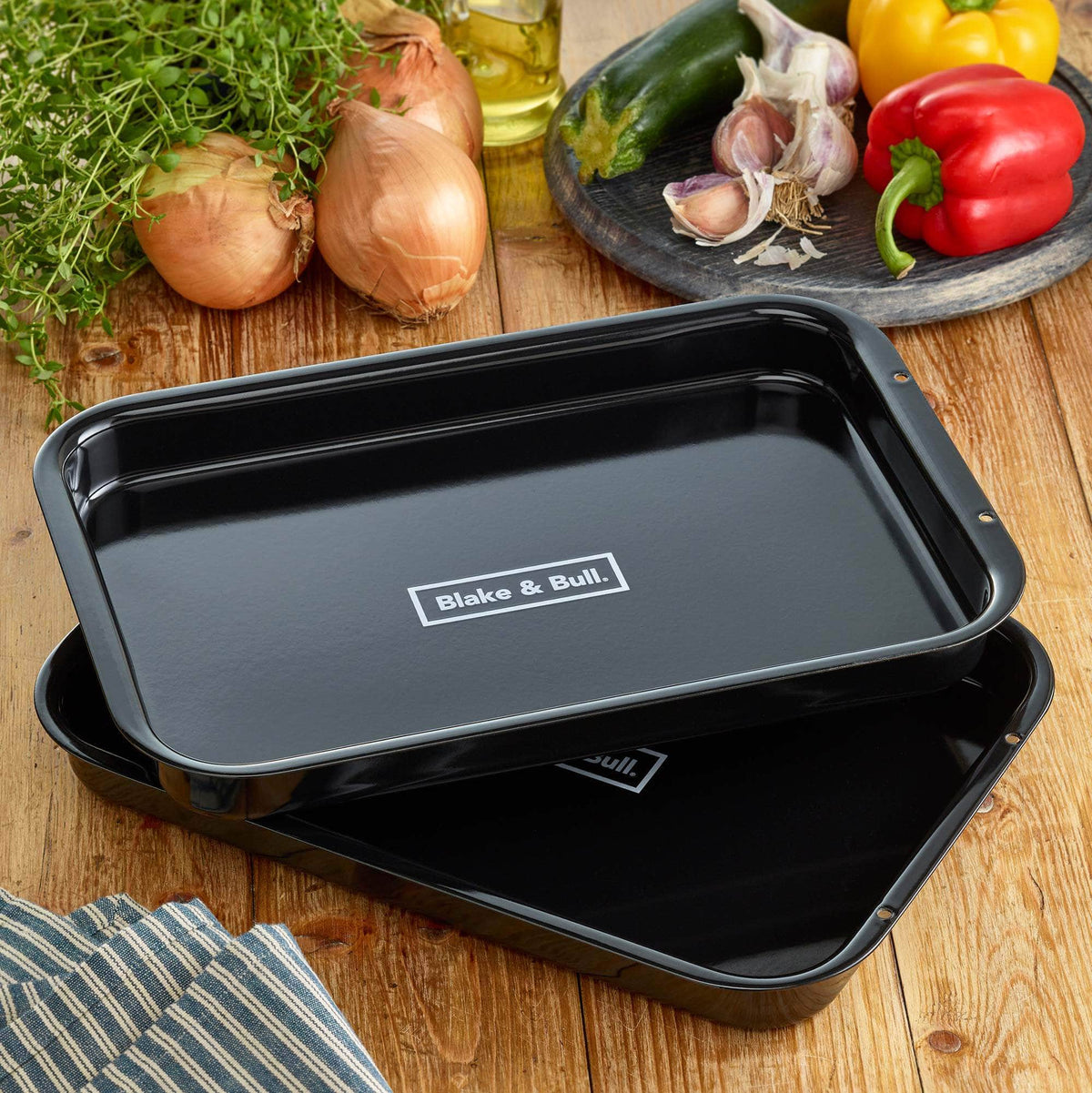 &#39;Fits on runners&#39; black enamelled tray bake for use with Aga range cookers &#39;half oven&#39; size