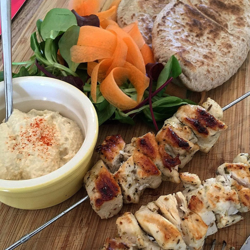 Griddled Skewers, Pitta and Homemade Hummus!