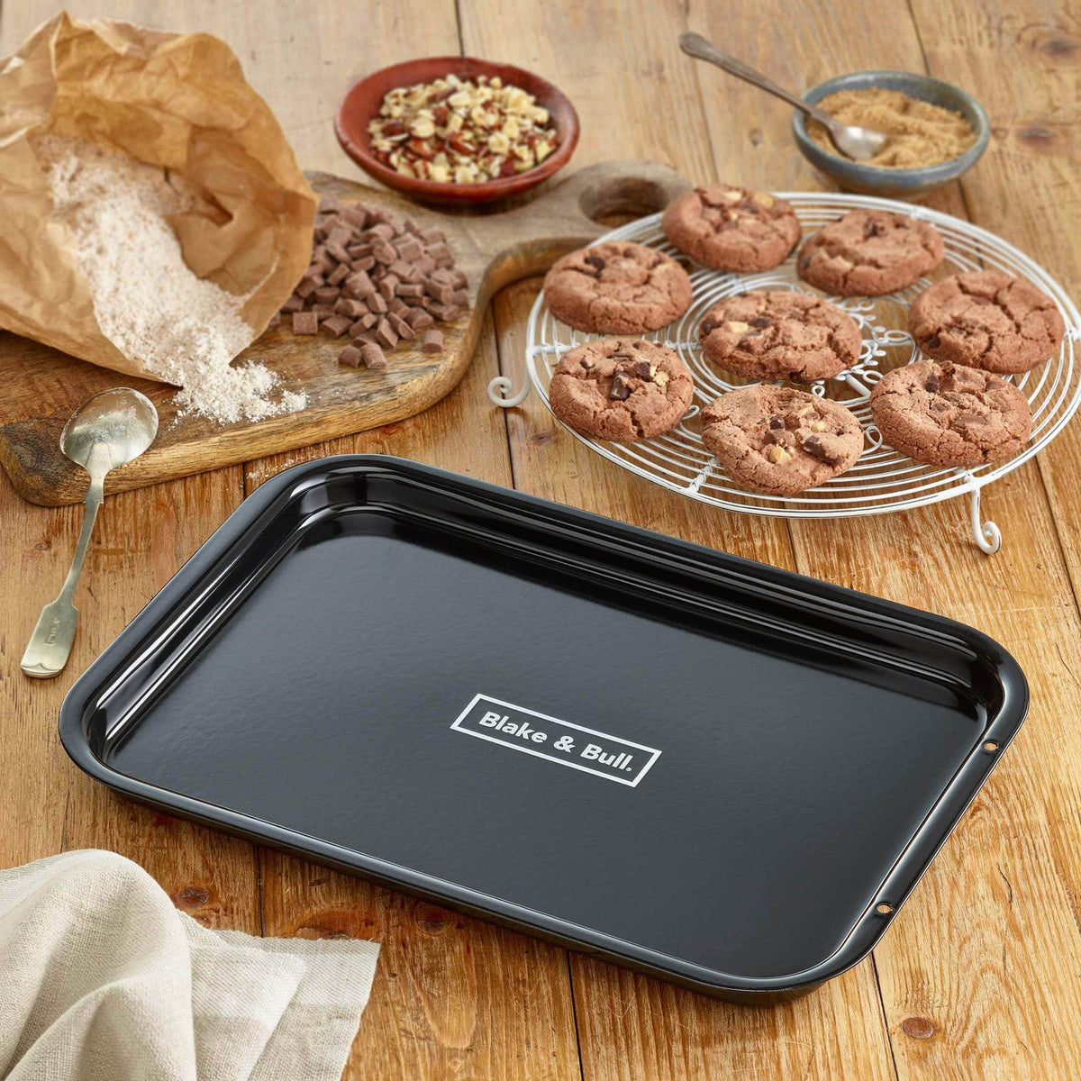 &#39;Fits on runners&#39; black enamelled baking tray for use with Aga range cookers &#39;half oven&#39; size
