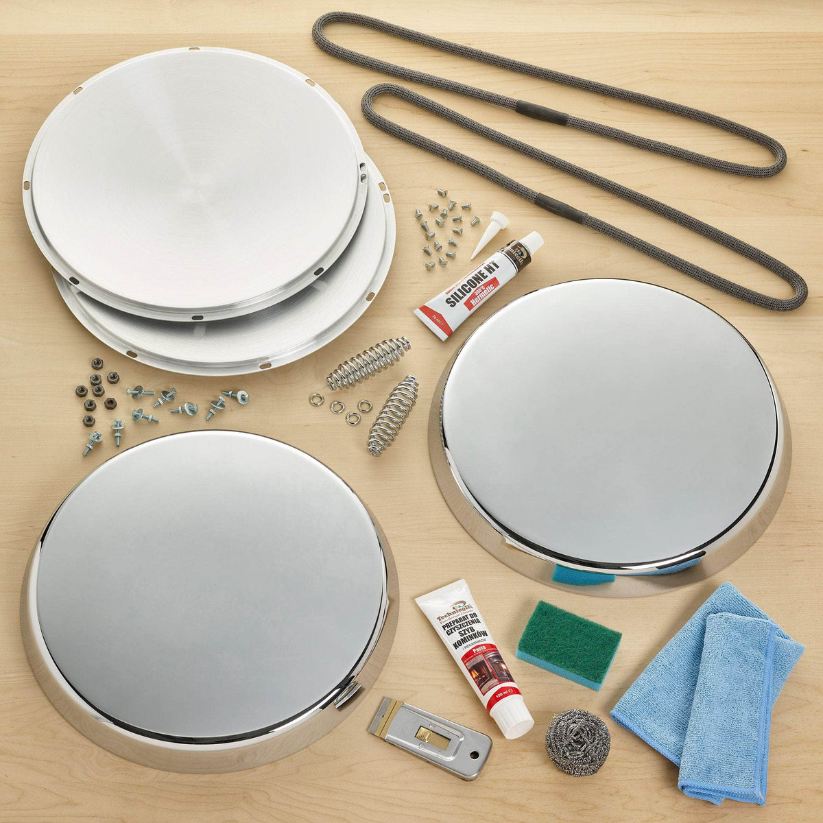 Complete Aluminium Lid Refurb Kit for use with Aga range cookers Deep chrome tops (4cm) / 90mm to fit all Aga range cookers made pre-1994