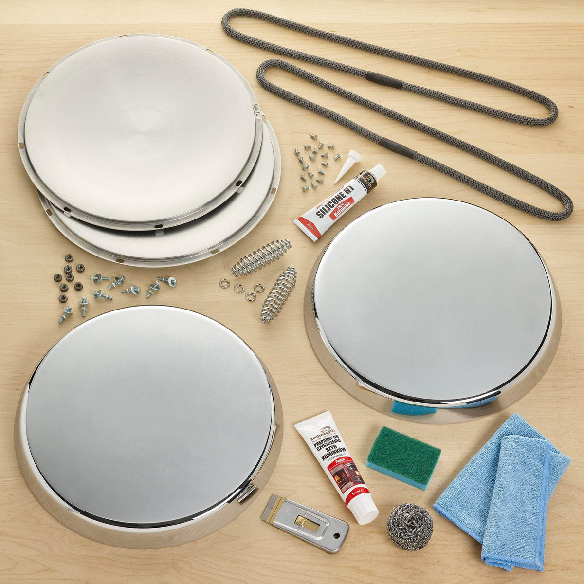 Complete Stainless Steel Lid Refurb Kit for use with Aga range cookers Deep chrome tops (4cm) / 90mm to fit all Aga range cookers made pre-1994