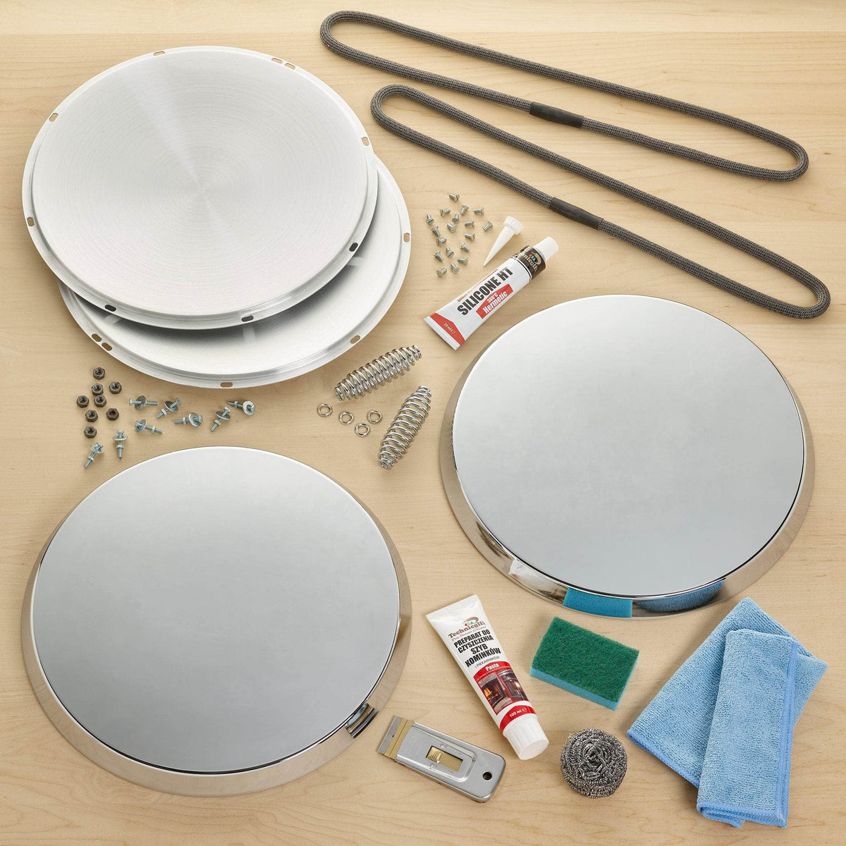 Complete Aluminium Lid Refurb Kit for use with Aga range cookers Shallow chrome tops (2.5cm) / 90mm to fit all Aga range cookers made pre-1994