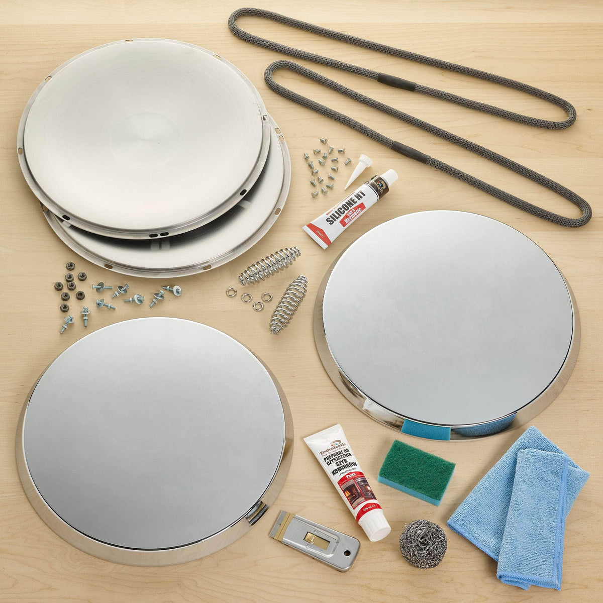 Complete Stainless Steel Lid Refurb Kit for use with Aga range cookers Shallow chrome tops (2.5cm) / 90mm to fit all Aga range cookers made pre-1994
