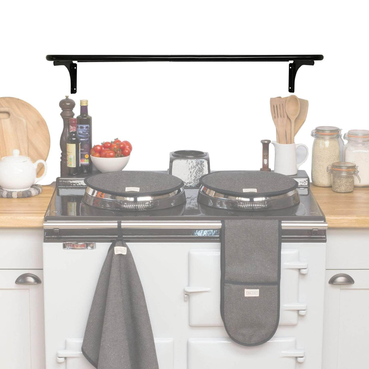 Wall pot rack (no cut out) for use with balance flue Aga range cooker (gloss black)