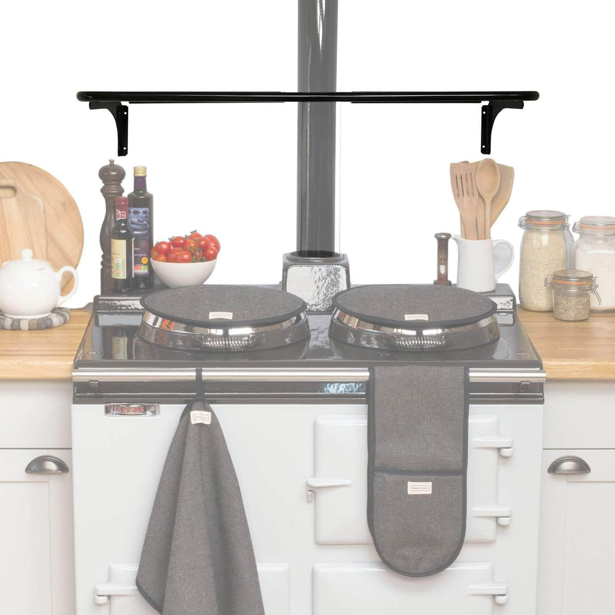 Wall pot rack with flue cut out for use with Aga range cooker (gloss black)